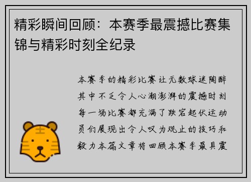 精彩瞬间回顾：本赛季最震撼比赛集锦与精彩时刻全纪录