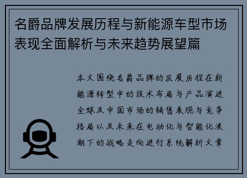 名爵品牌发展历程与新能源车型市场表现全面解析与未来趋势展望篇